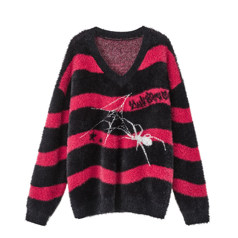 Mohair Spider Pattern Stripe Oversize V-Neck Knit Sweater