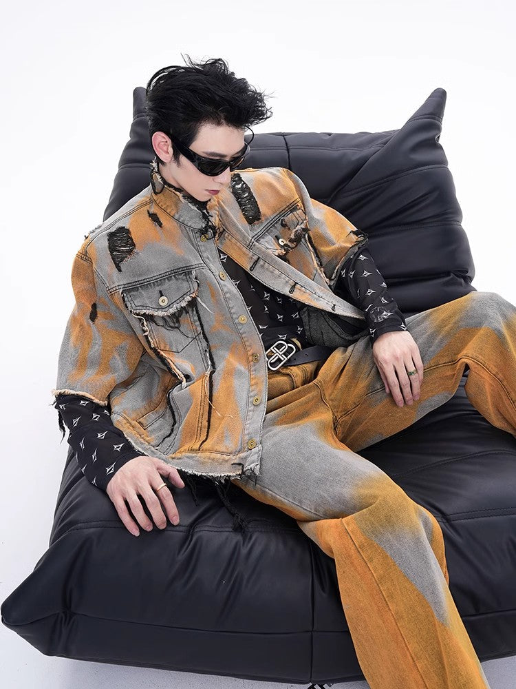 Gradient Short Sleeve Damage Denim Shirt Jacket & Micro Flare Denim Jeans Setup