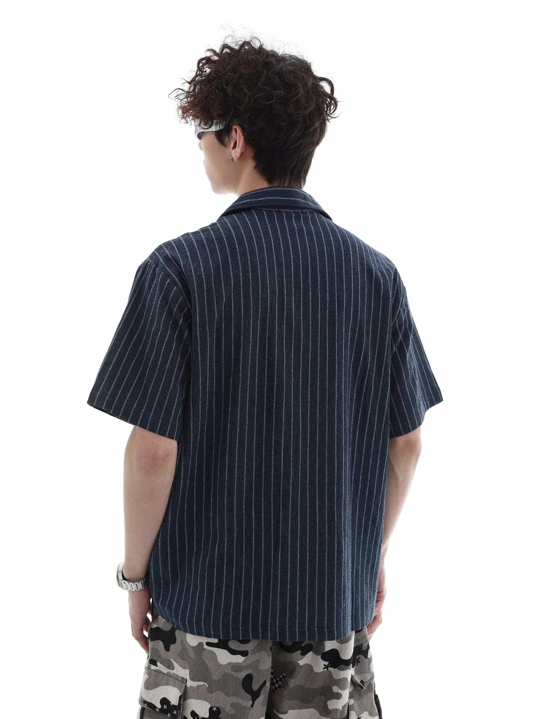 Patch Embroidery Stripe Short Sleeve Shirt