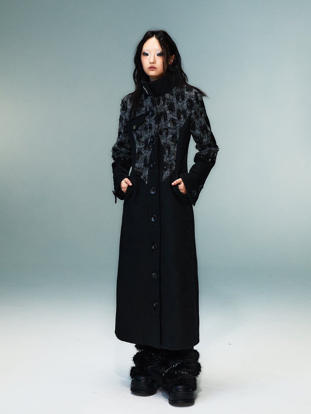 High-Neck Studs Patchwork Wool Coat