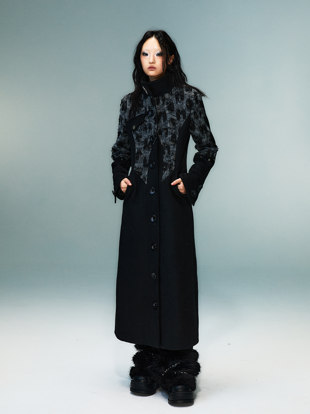 High-Neck Studs Patchwork Wool Coat