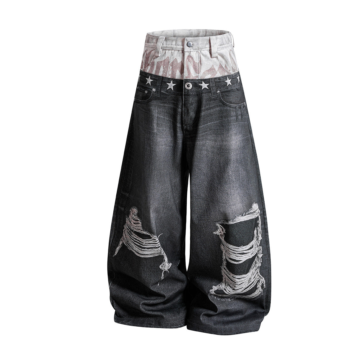 Star Damage Washed Wide Leg Denim Jeans