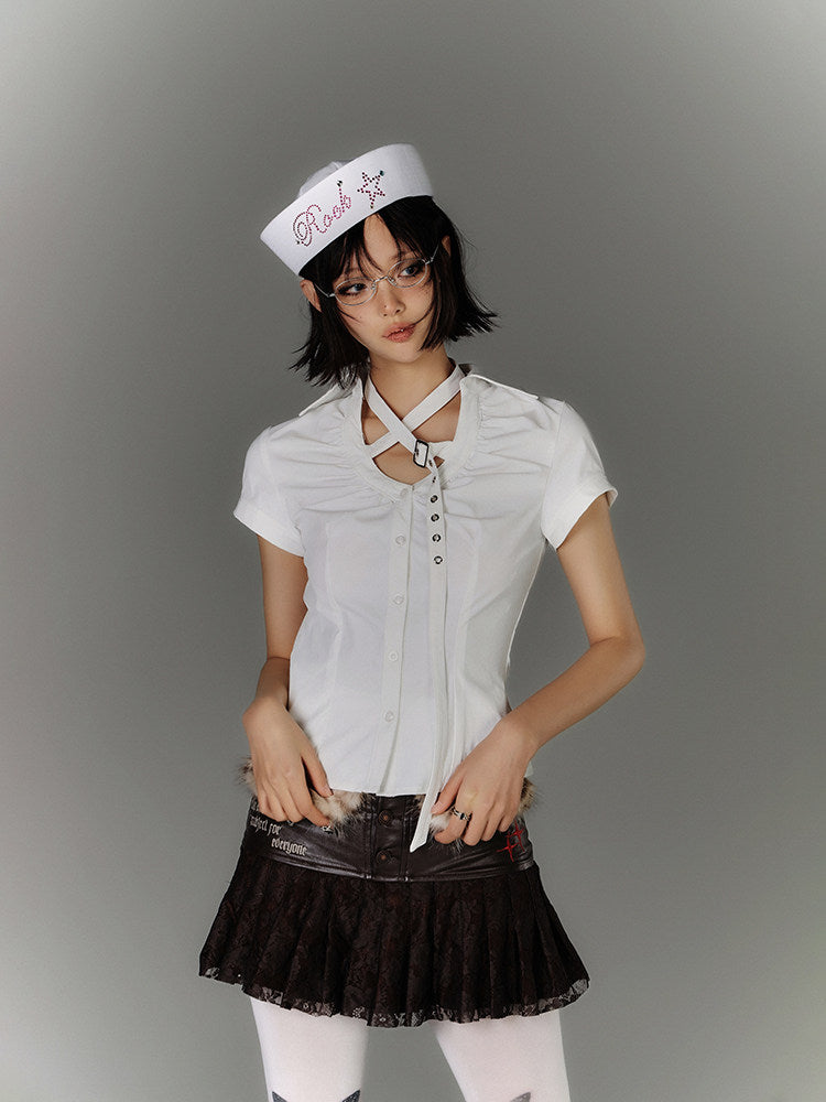 Button Strap Detail Fitted Short Sleeve Shirt