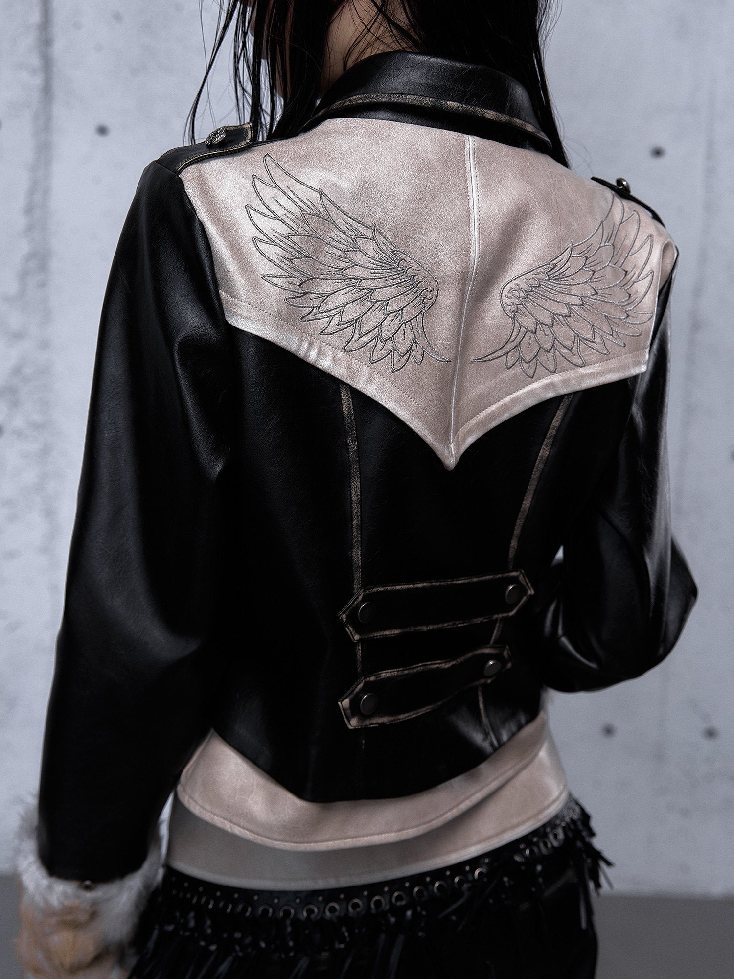 Standing-Collar Belt Detail Fake Fur Cuff PU Leather Jacket