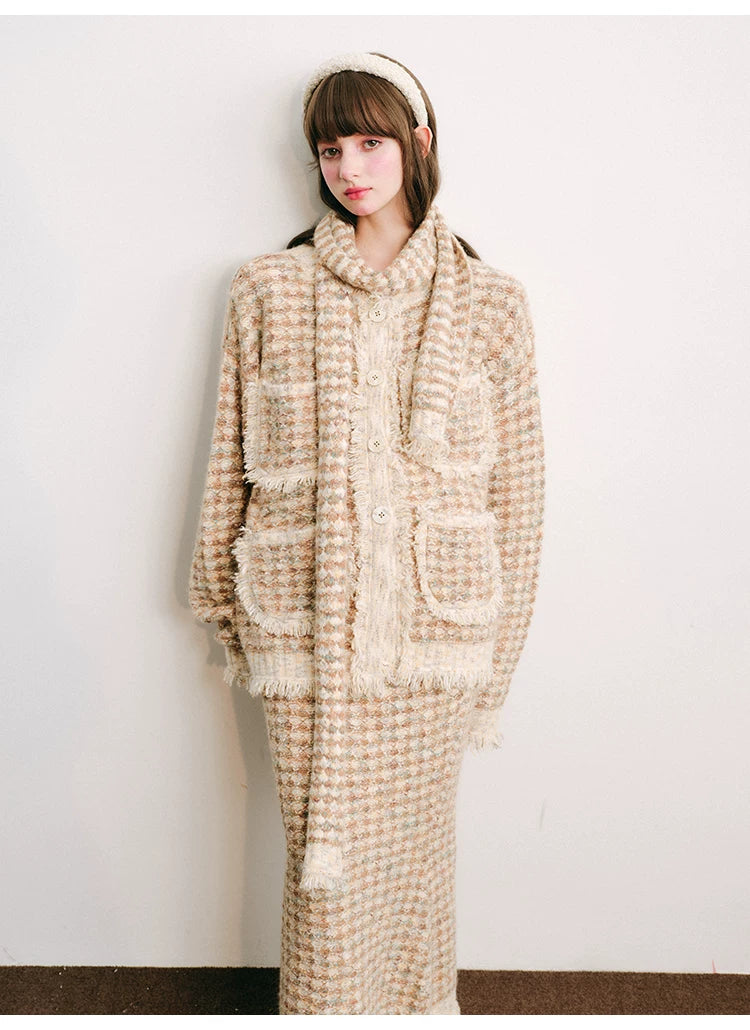 Plaid Button Cardigan & Scarf & Long Skirt Setup