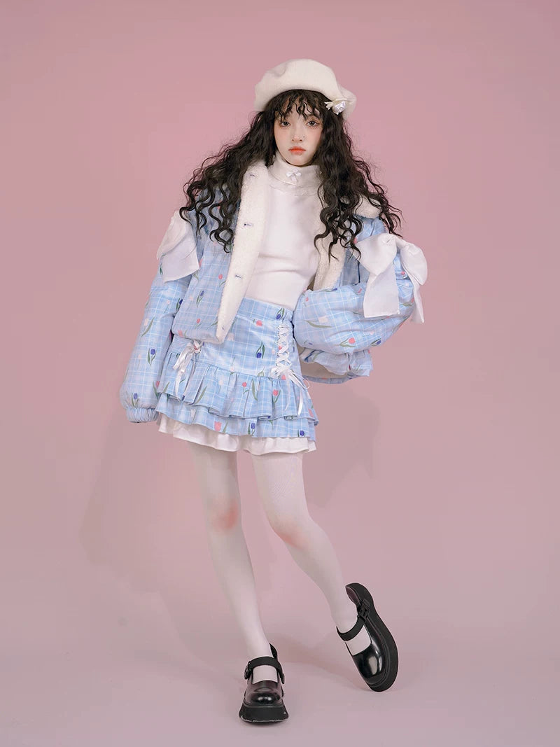Flower Print Bow Fleece Lining Puffer Jacket