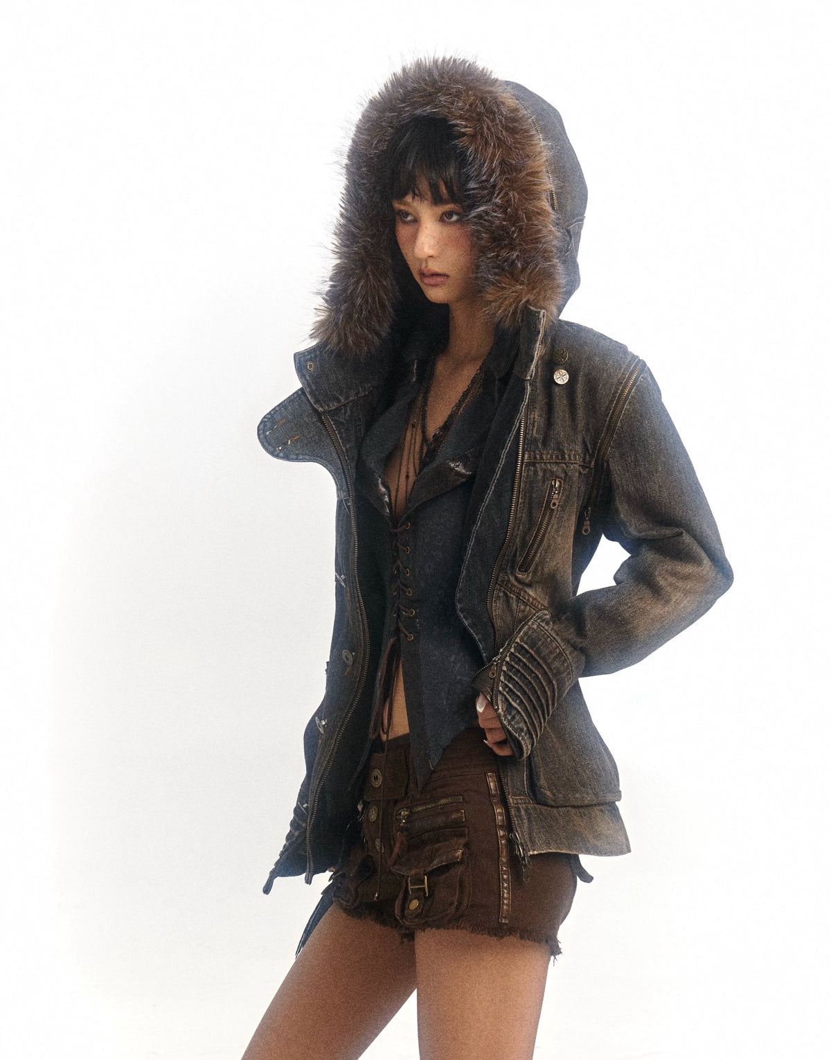 Padded Detachable Washed Denim Jacket