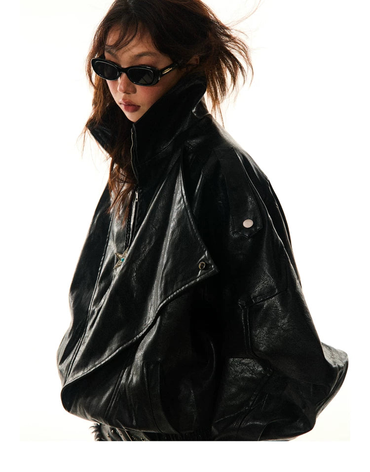 Asymmetrical Stand Collar PU Leather Jacket