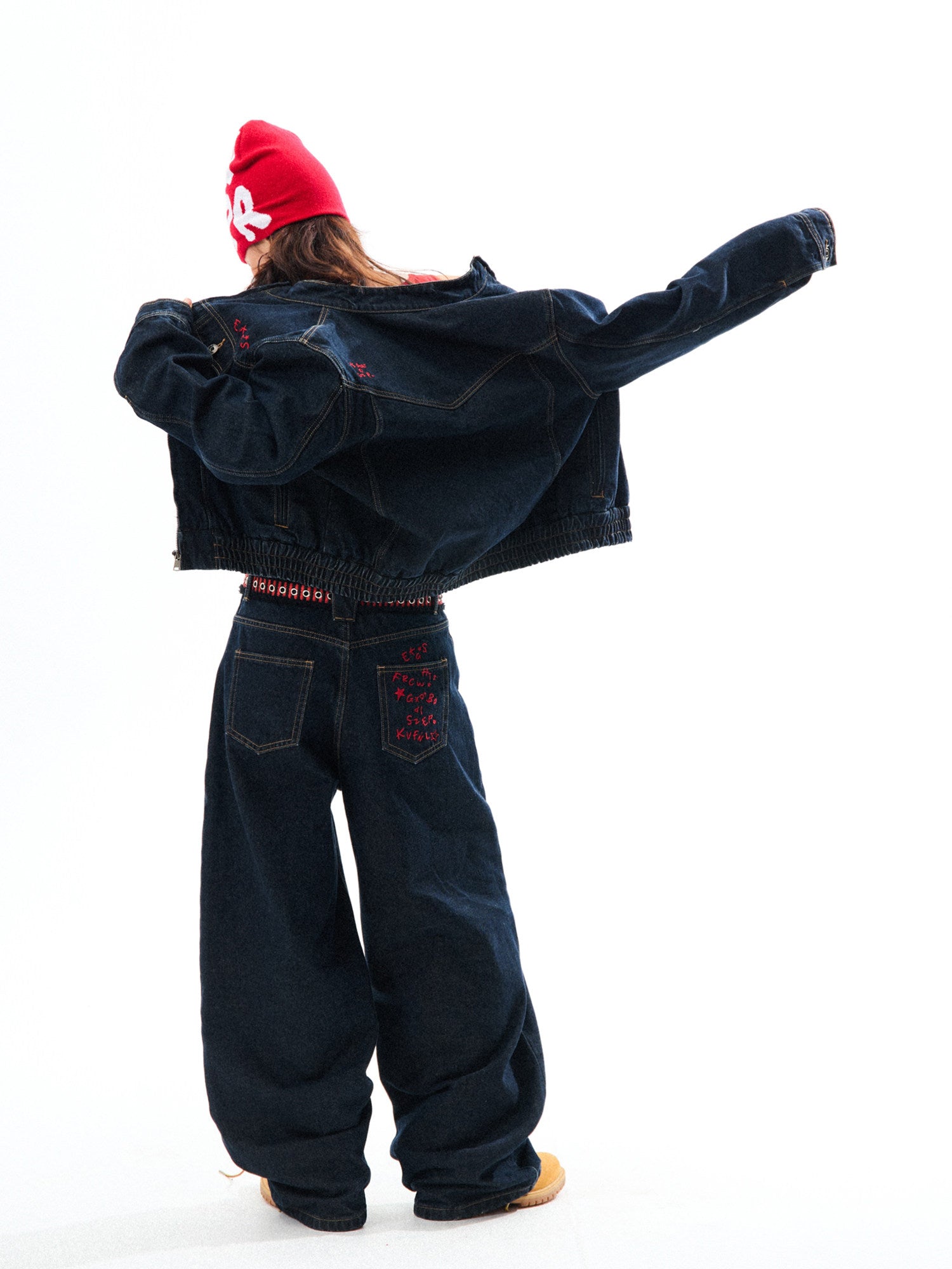 Embroidered Cropped Denim Jacket & Wide-Leg Denim Jeans Setup