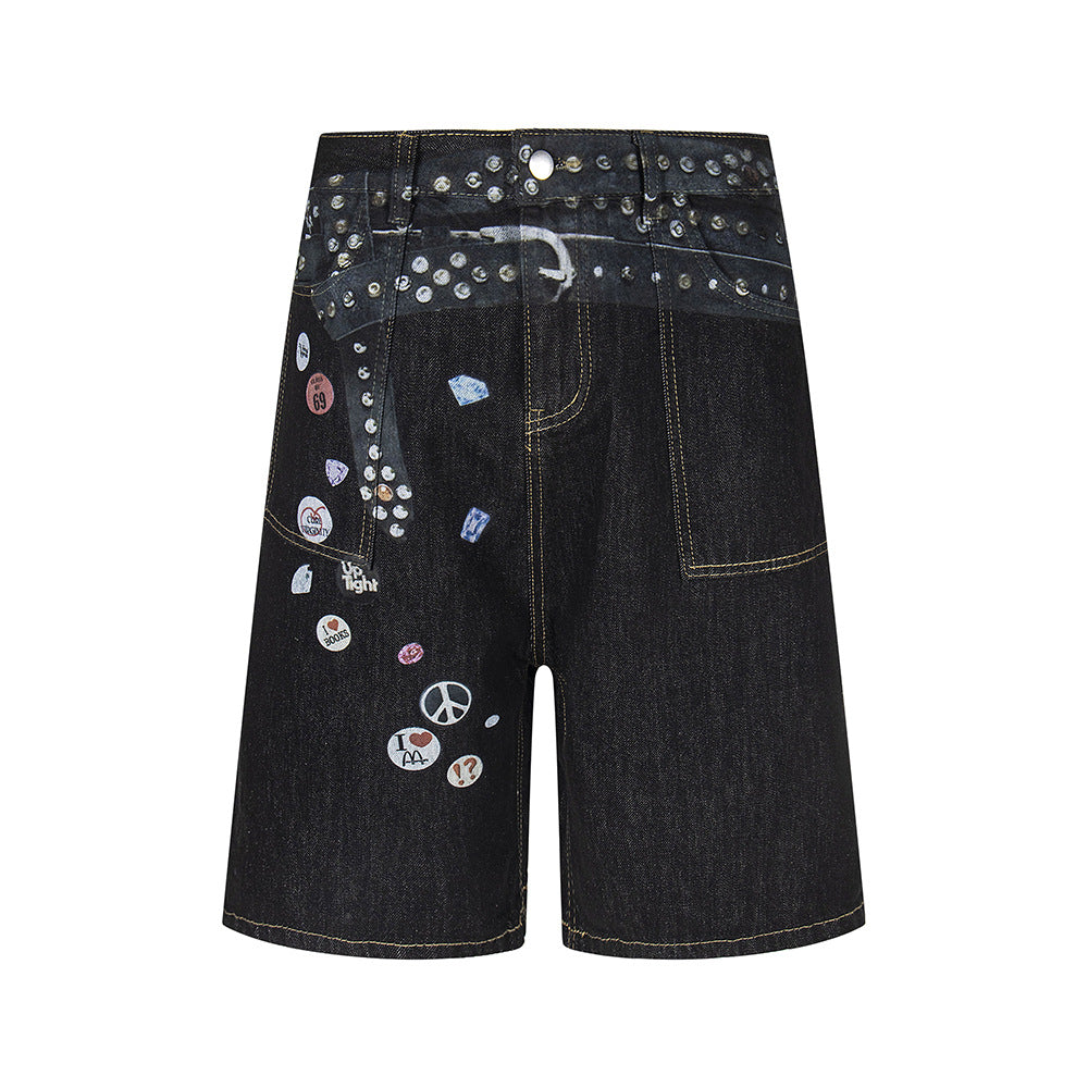 Badge Belt Print Wide Leg Half Denim Jeans