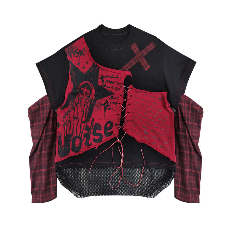 Print Plaid Patchwork Pullover Sweatshirt