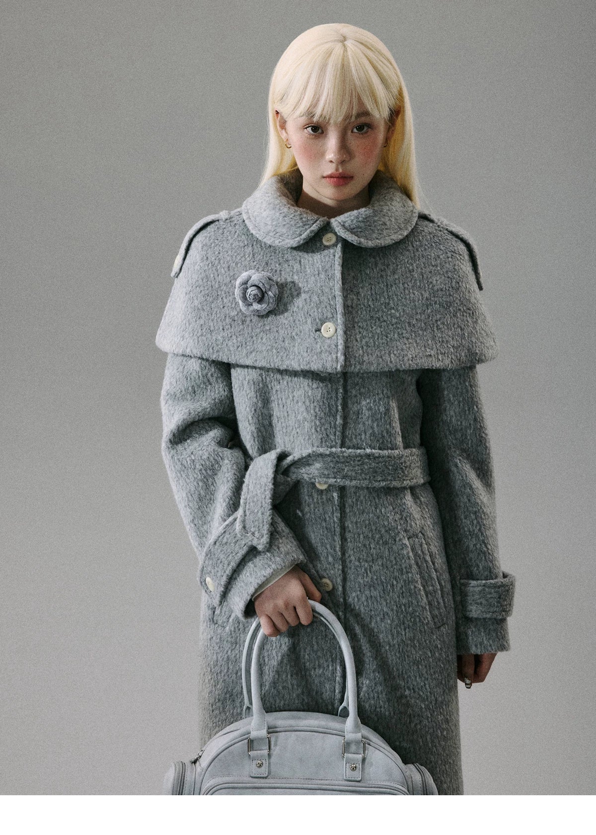 Cape Collar & Flower Detail Belted Coat