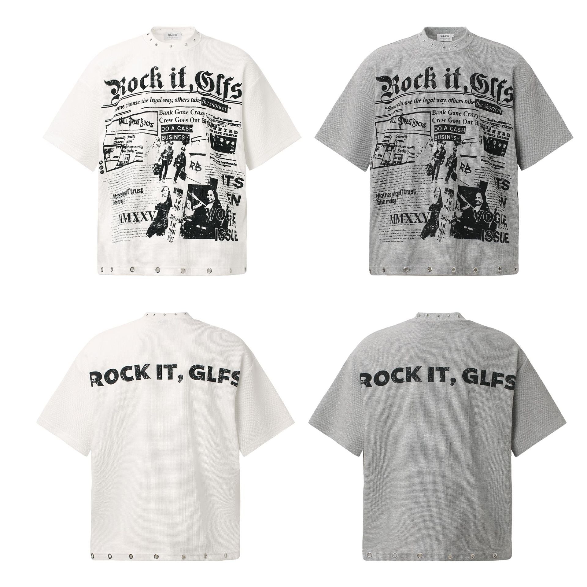 Waffle Newspaper Print Studs Short Sleeve T-Shirt