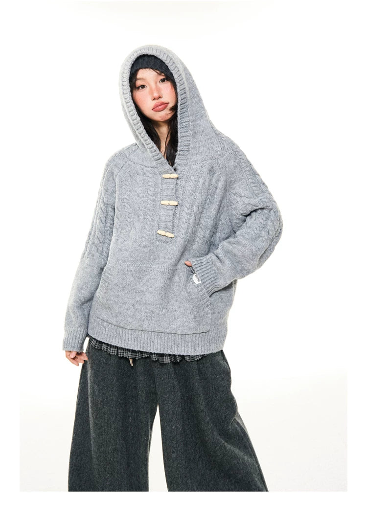 Hooded Toggle-Front Knit Sweater