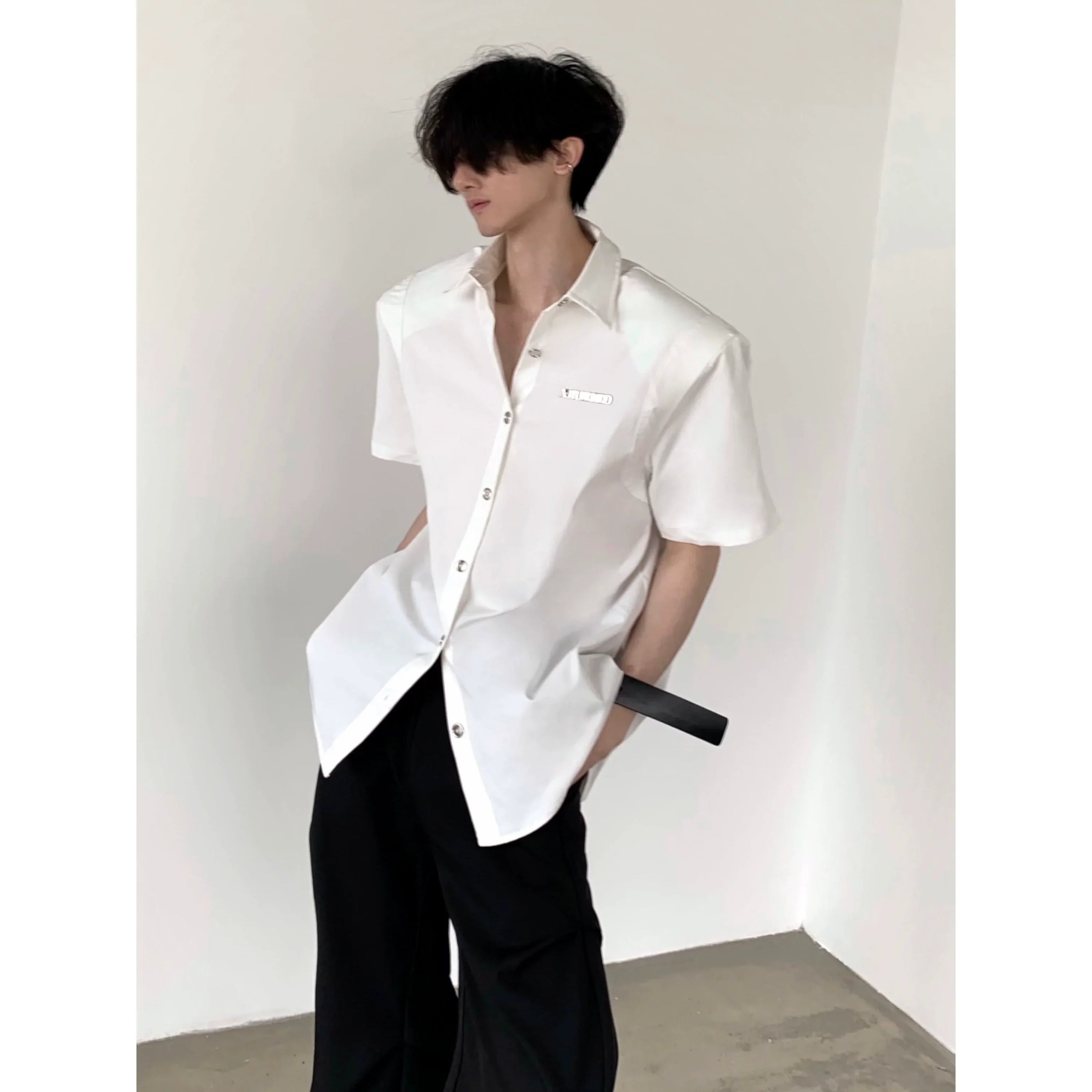 Metal Design Shoulder Pad Short Sleeve Shirt