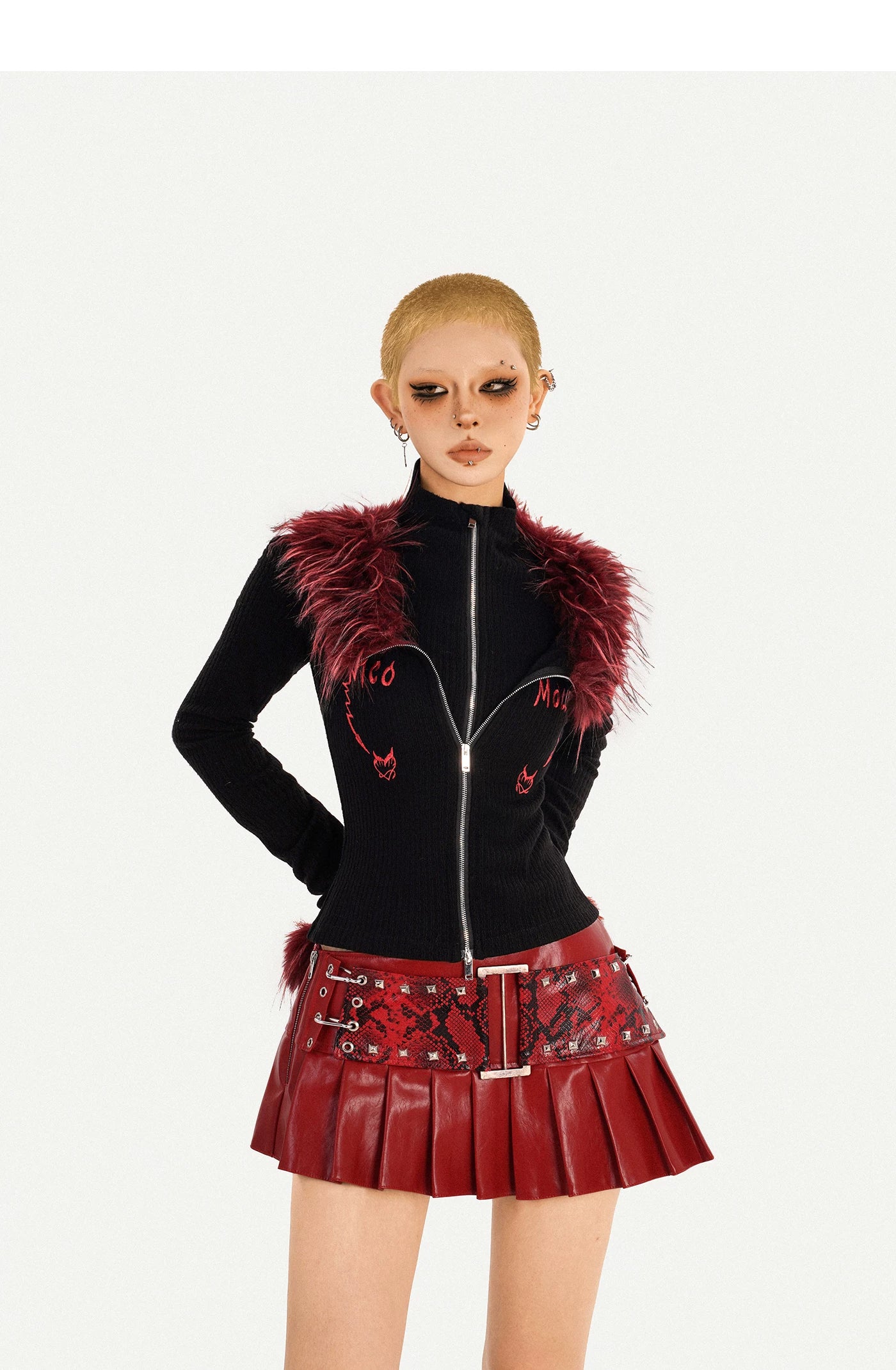 Fake Layered Double Zipper Flame Fake Fur Collar Knit Cardigan