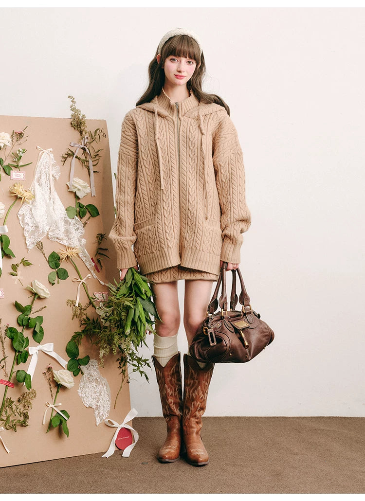 Bunny Hare Ear Hooded Zipper Knit Cardigan & Knit Skirt Setup