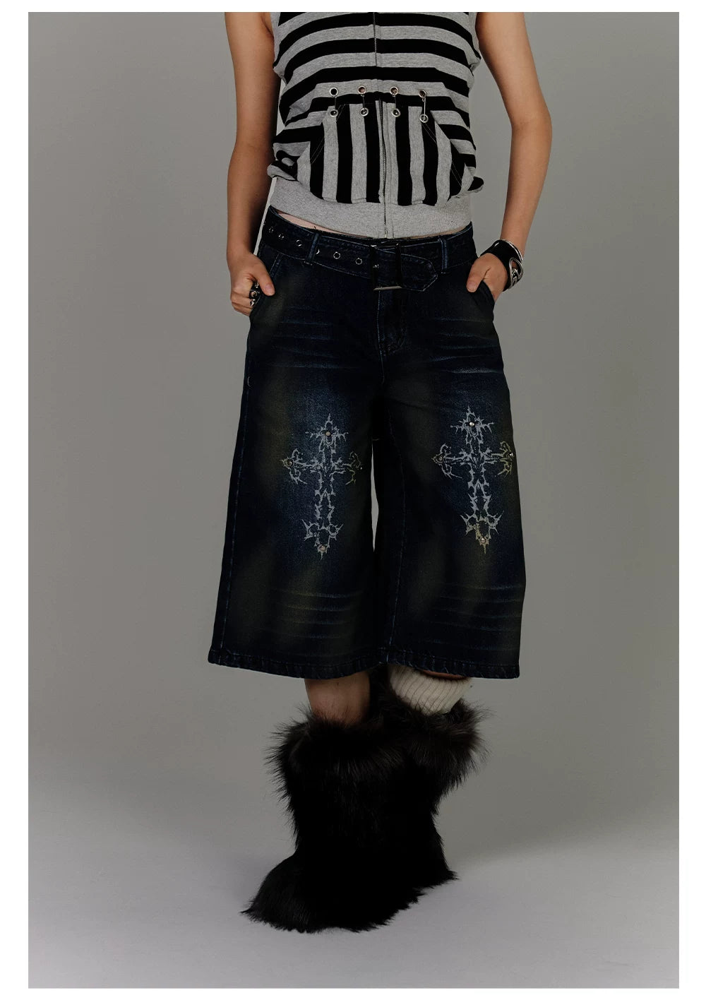 Washed Damage High-Waist Cropped Straight Denim Jeans