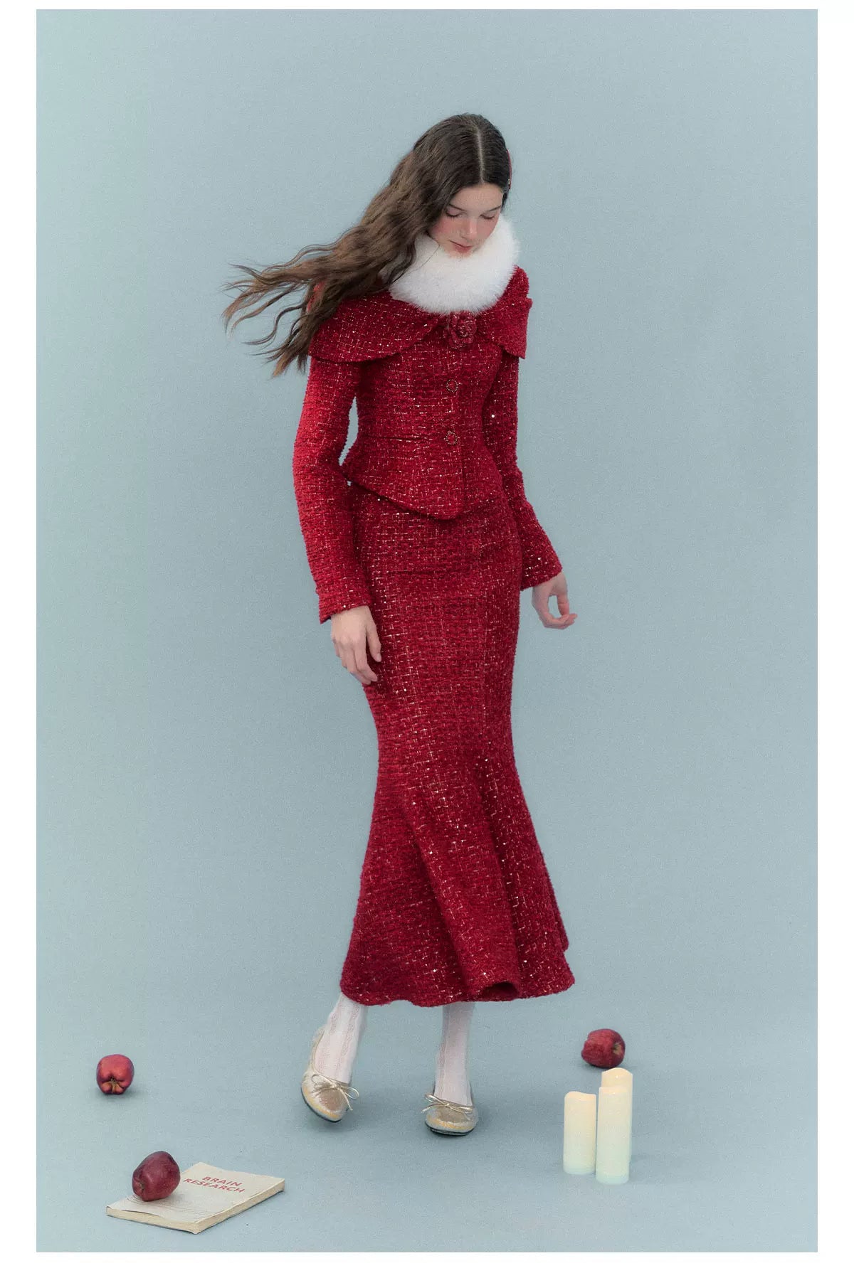 Short Tweed Jacket & Tweed Short Skirt & Tweed Fishtail Long Skirt & Fur Scarf Setup