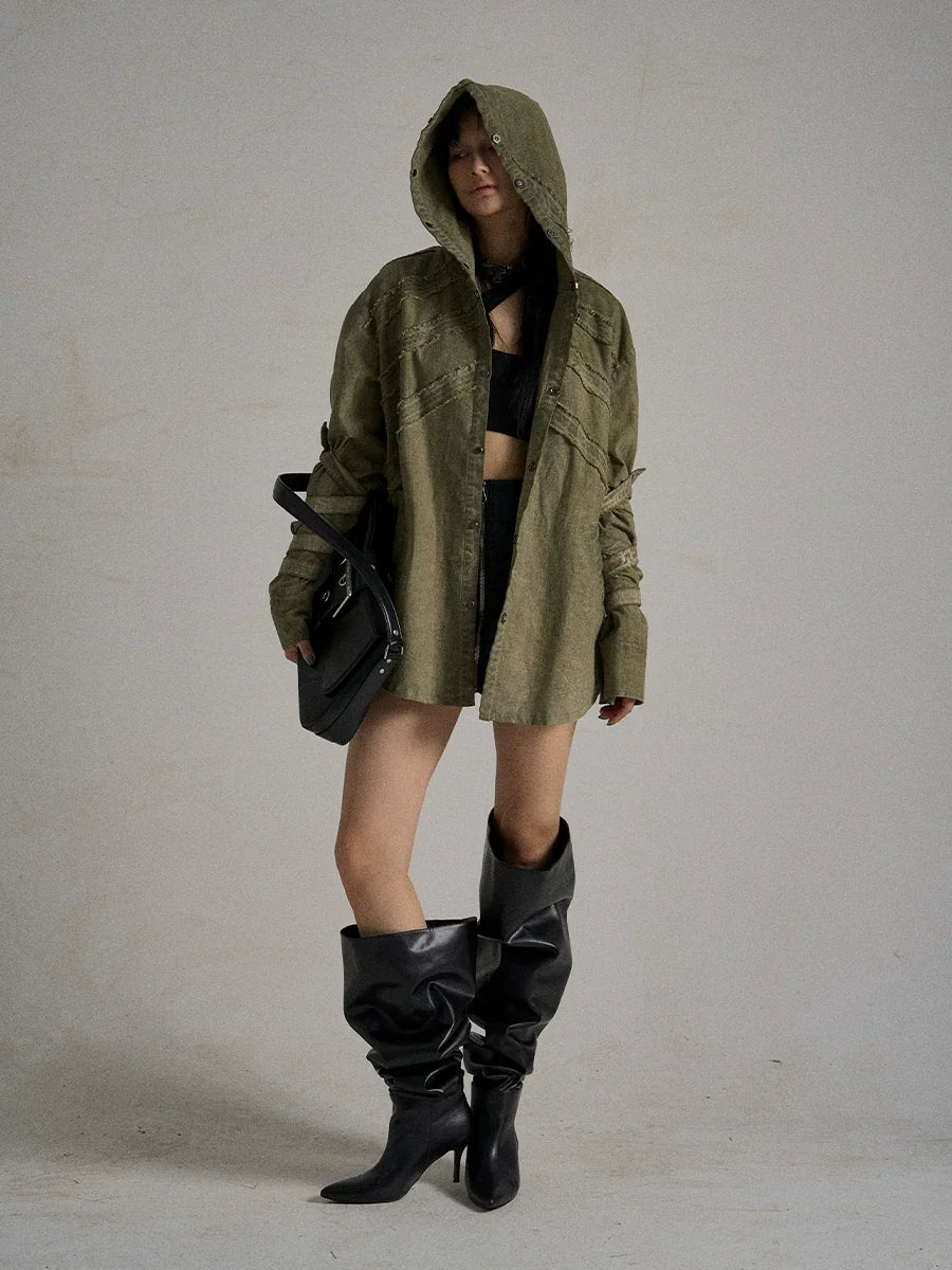 Gewassen denim oversized hoodie met capuchon