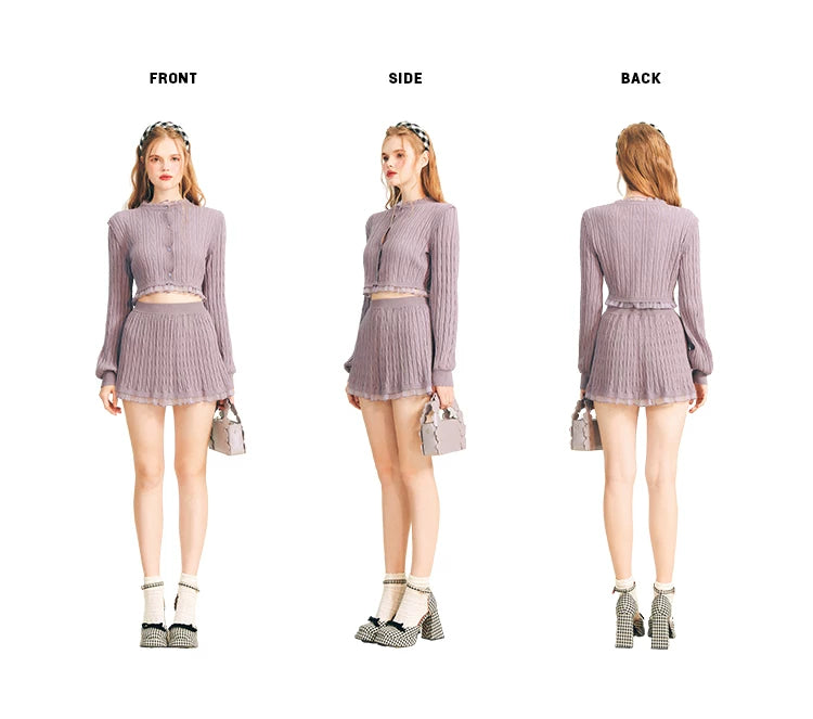 Tulip Button Knit Cardigan & Knit Short Skirt Setup