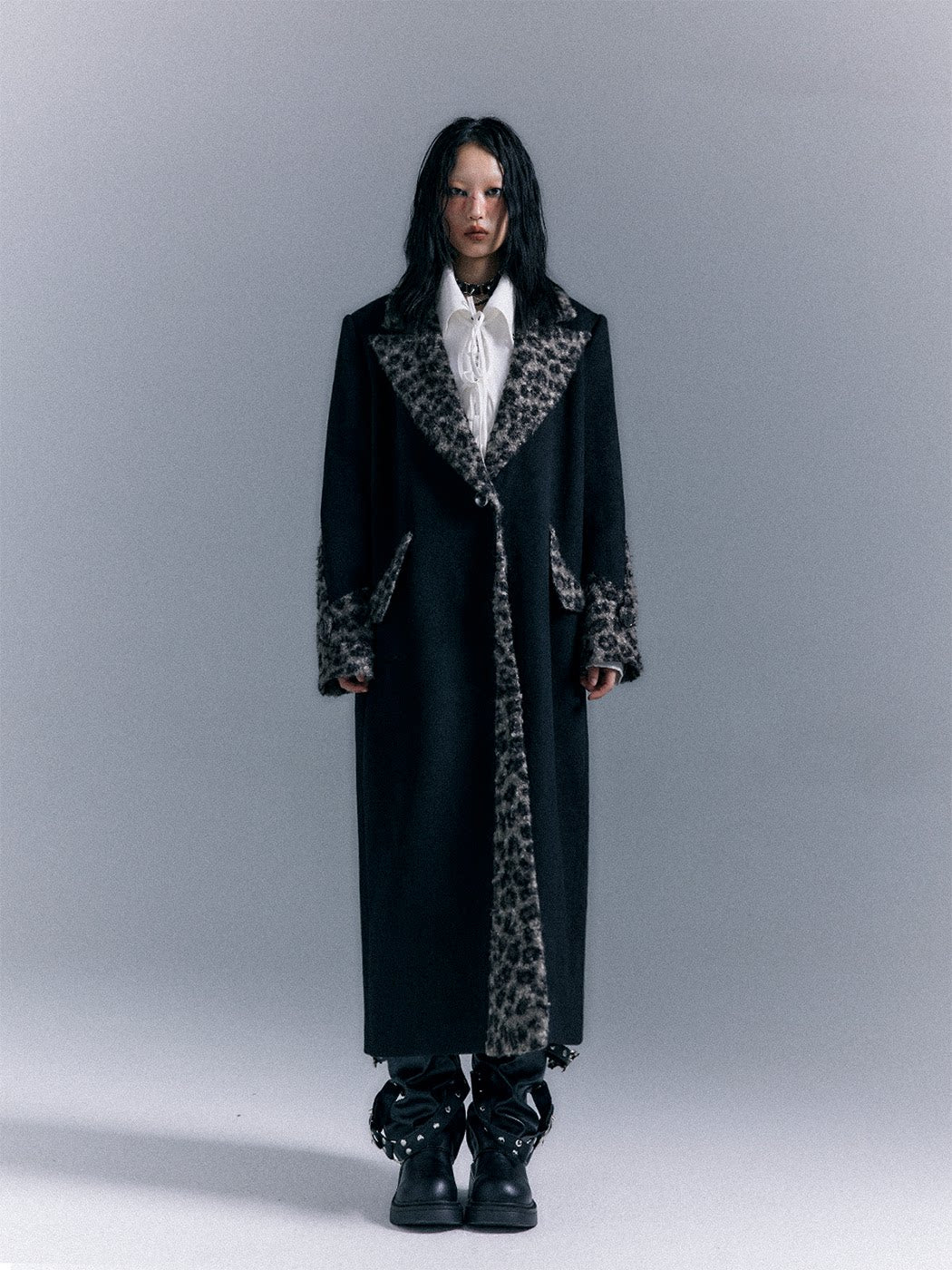 Shoulder Pad Leopard Print Patchwork Wool Coat