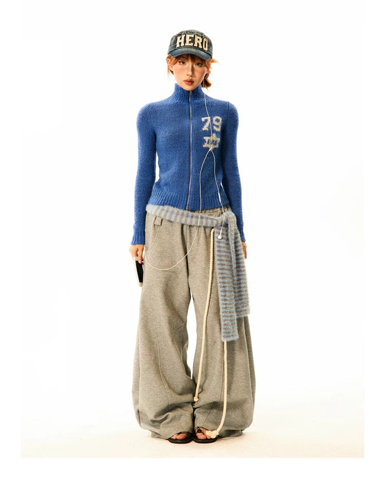 Number Patch Knit Zipper Stand Neck Cardigan