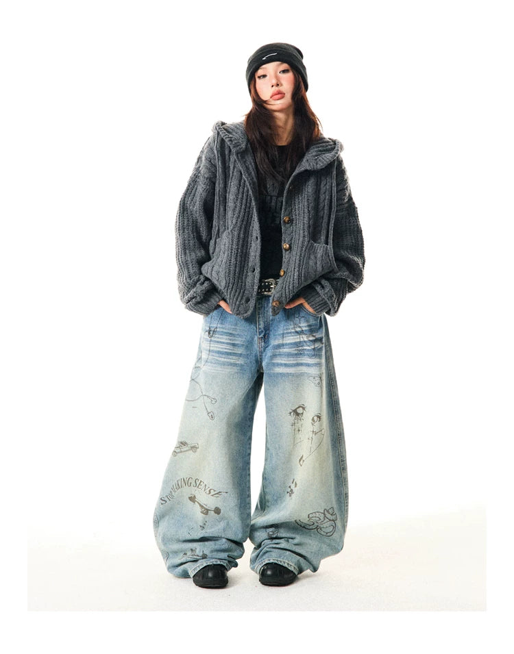 Hooded Button Oversize Cable Knit Cardigan