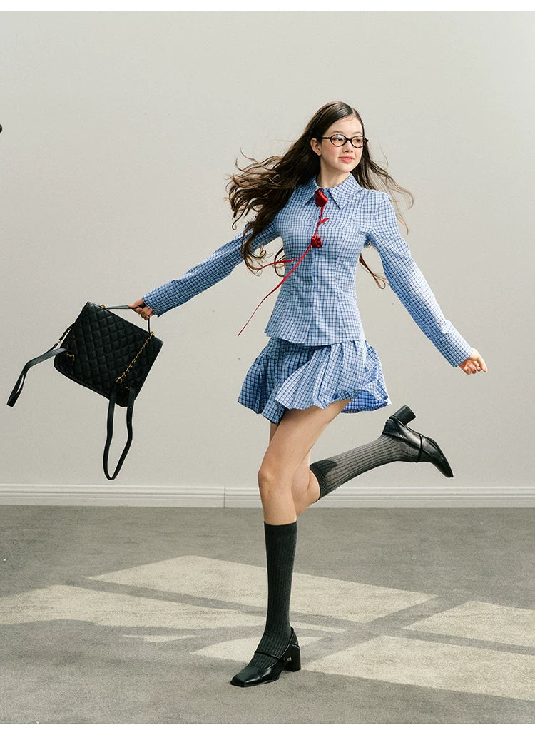 Handmade Rose Plaid Long Sleeve Shirt & Short Pleated Skirt Setup