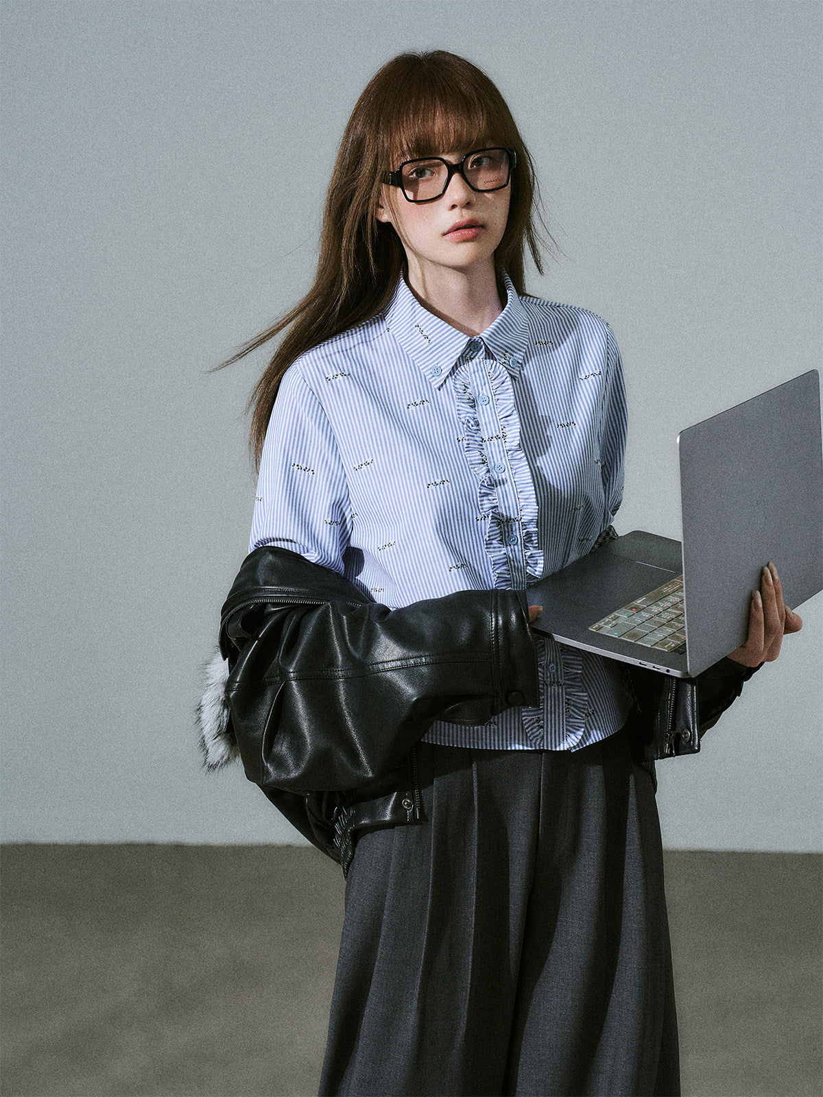 Ruffle Placket Striped Button-Up Long Sleeve Shirt