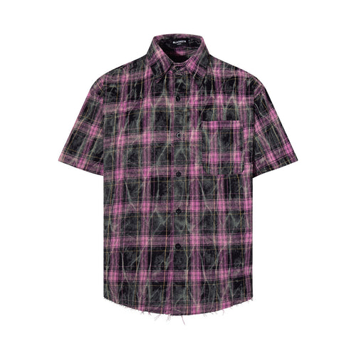 Camisa de manga curta xadrez tie-dye lavada - Rosa / M