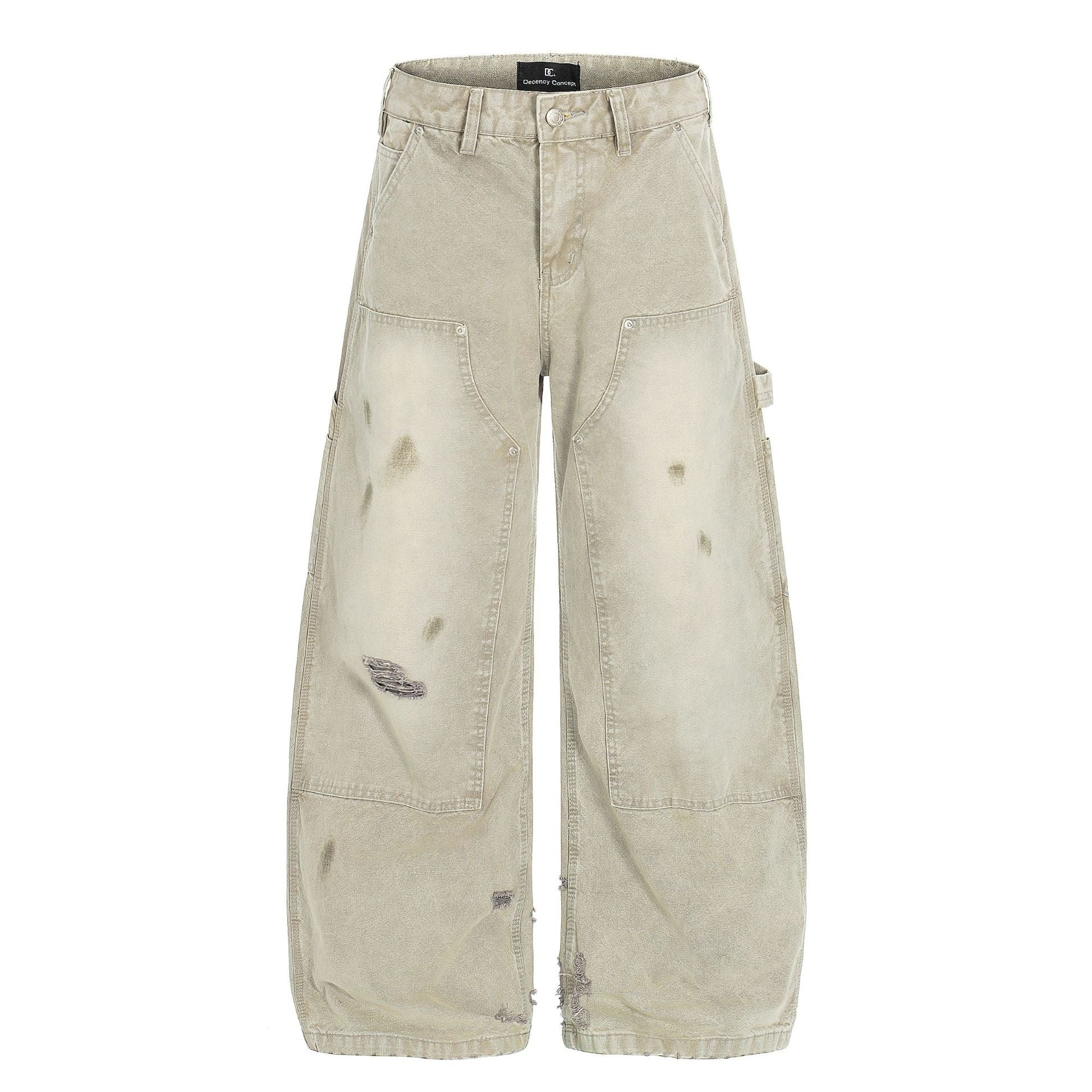 Dirty Washed Damage Panel Wide Leg Denim Jeans