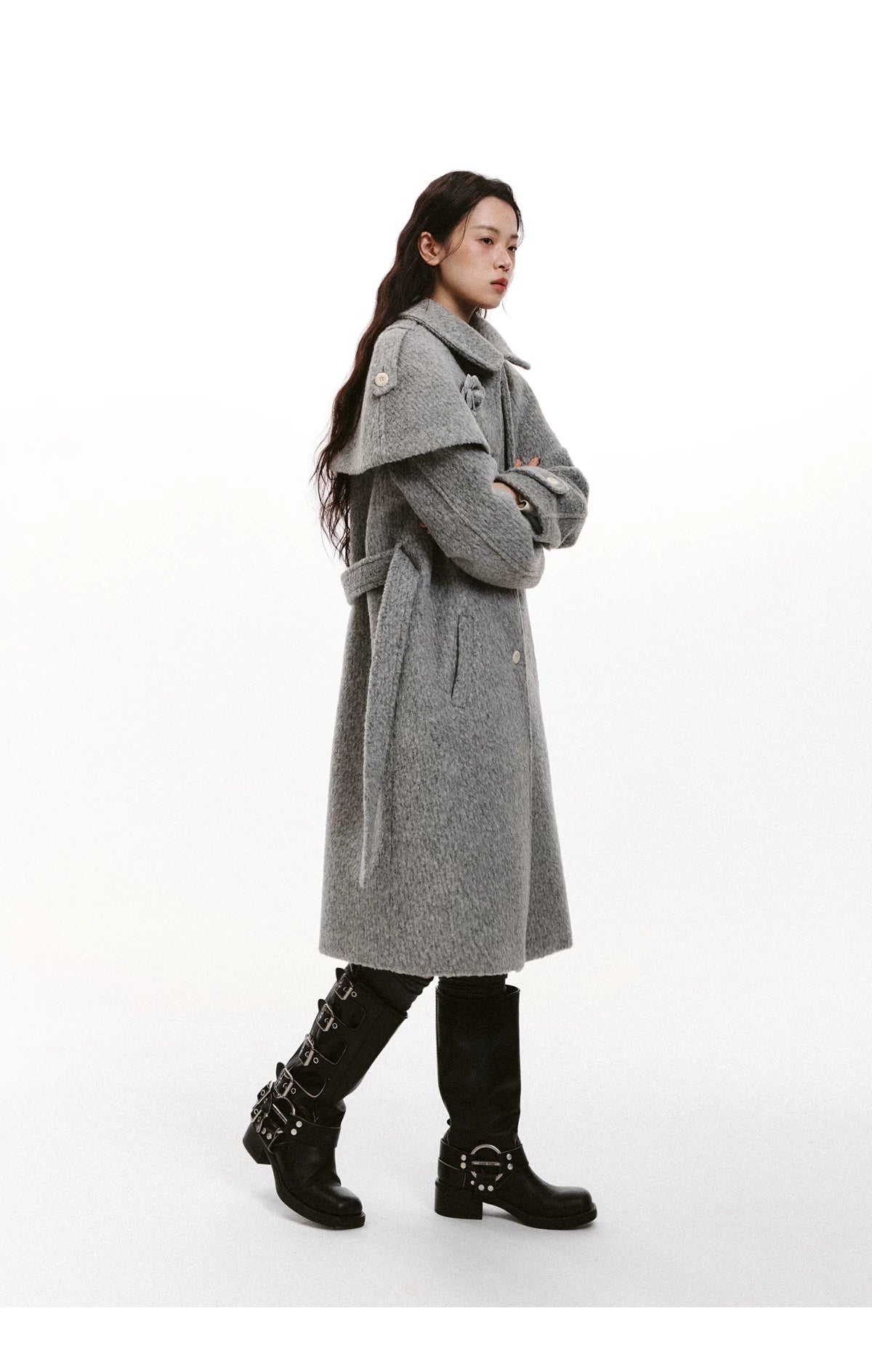 Cape Collar & Flower Detail Belted Coat