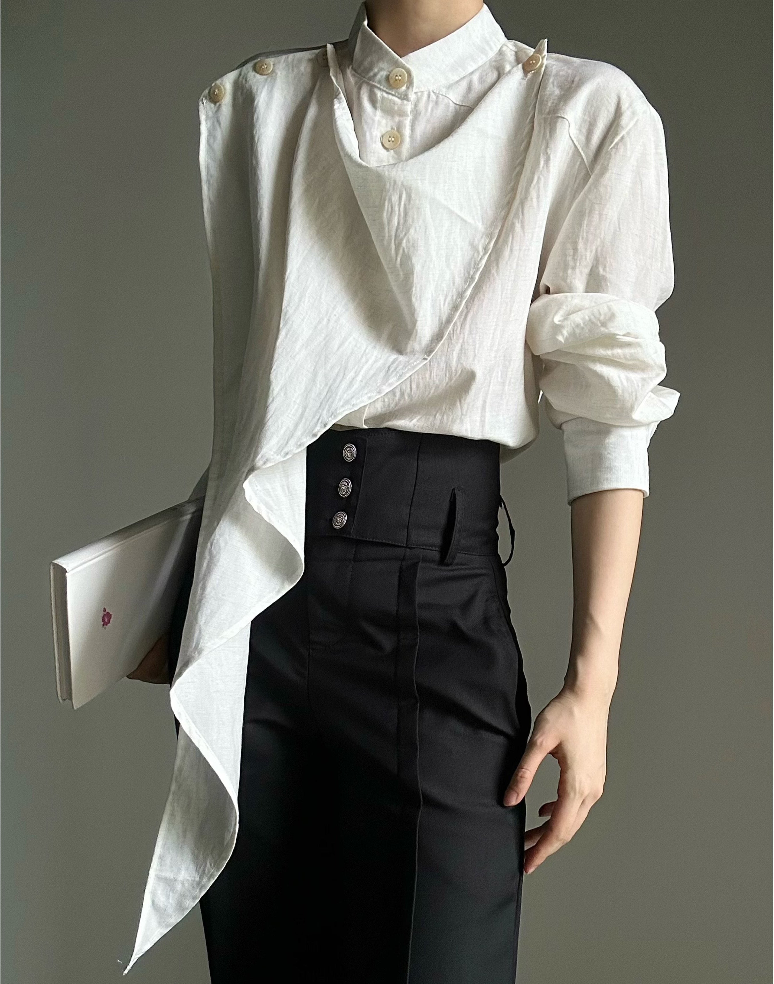 Standing-Collar Asymmetric Drape Long Sleeve Shirt