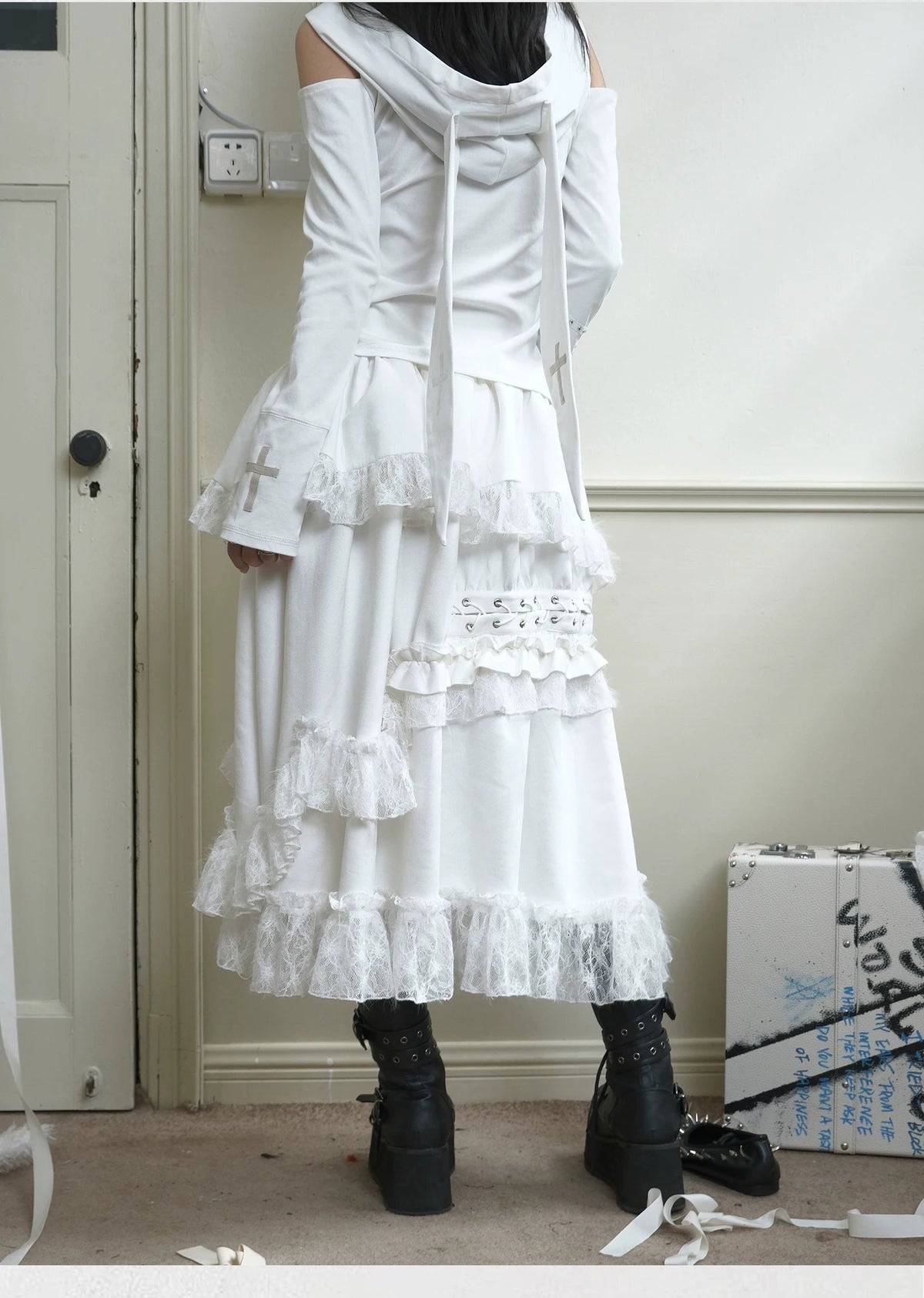 Suede Lace Asymmetrical Tie-Up Layered Long Skirt