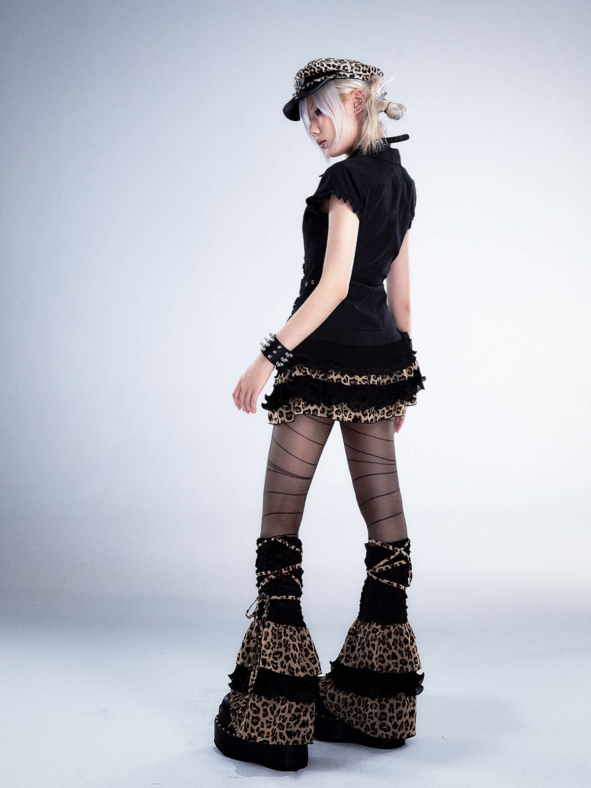 Leopard Patchwork Belted Tiered A-Line Skirt