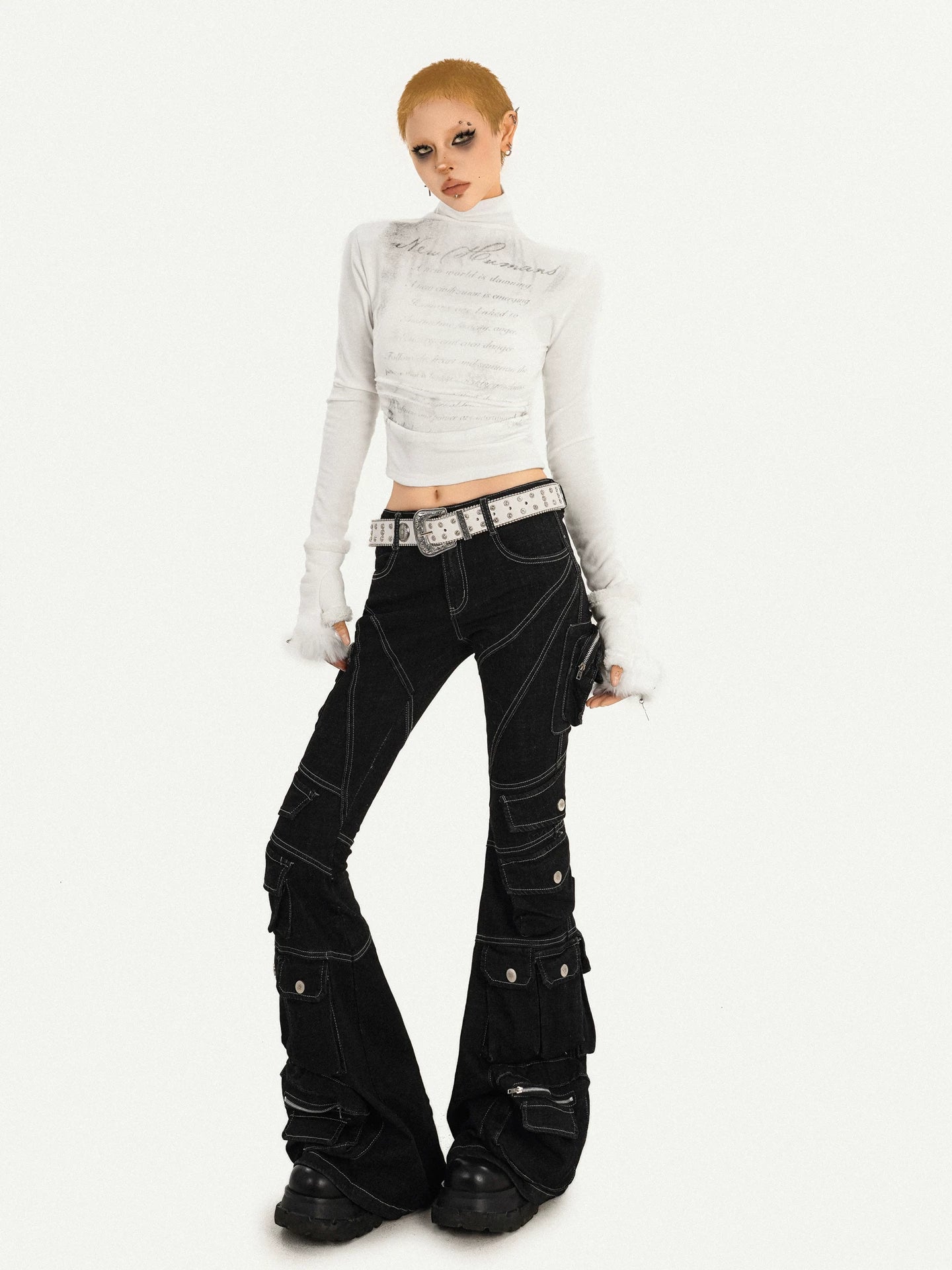 Utility Multi-Pocket Flare Cargo Denim Jeans