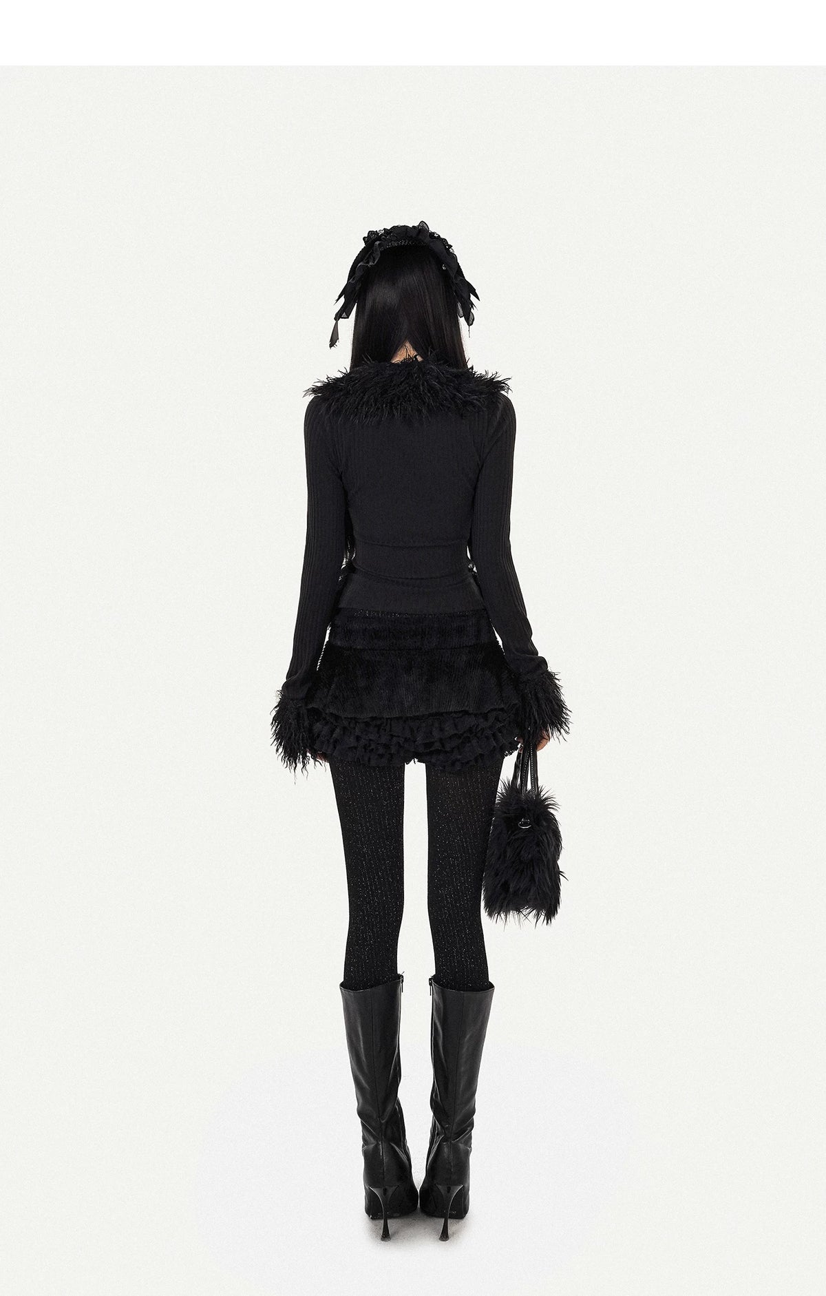 Fur Decor V-Neck Tie Knit Cardigan