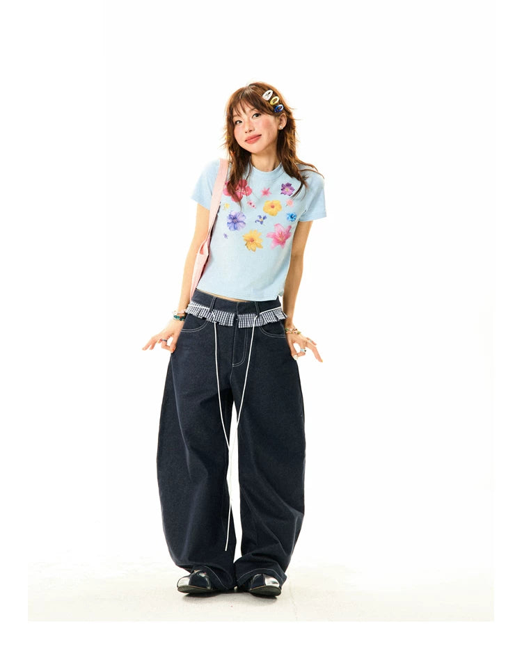 Flower Print Cropped Short Sleeve T-Shirt