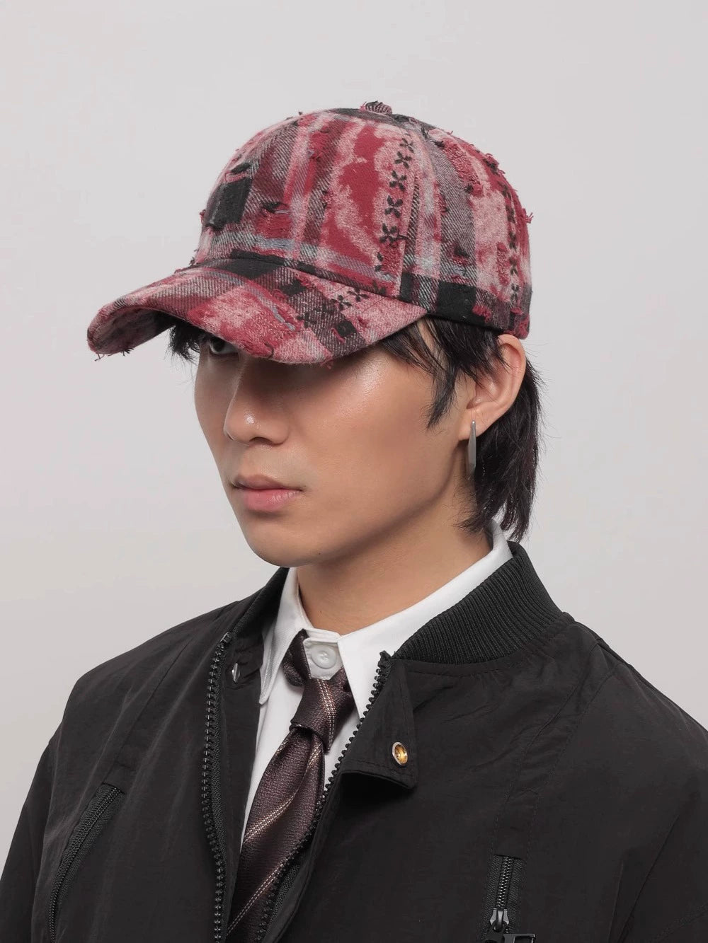 Casquette coréenne déchirée à carreaux vintage