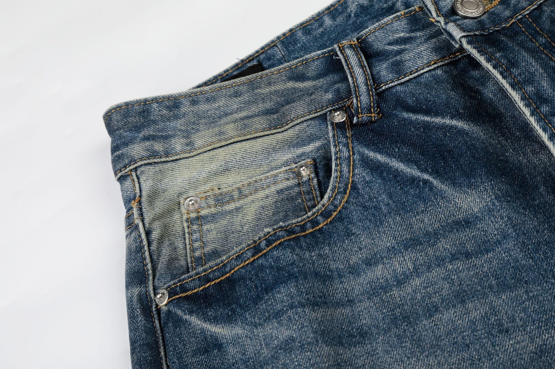 Washed Whisker Damage Wide Leg Denim Jeans