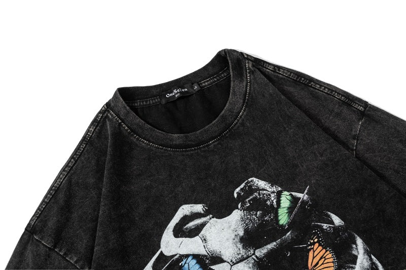 Washed Skeleton Butterfly Print Short Sleeve T-Shirt