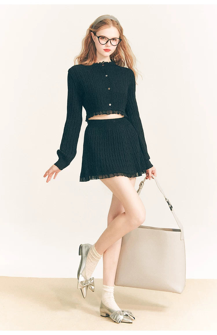 Tulip Button Knit Cardigan & Knit Short Skirt Setup