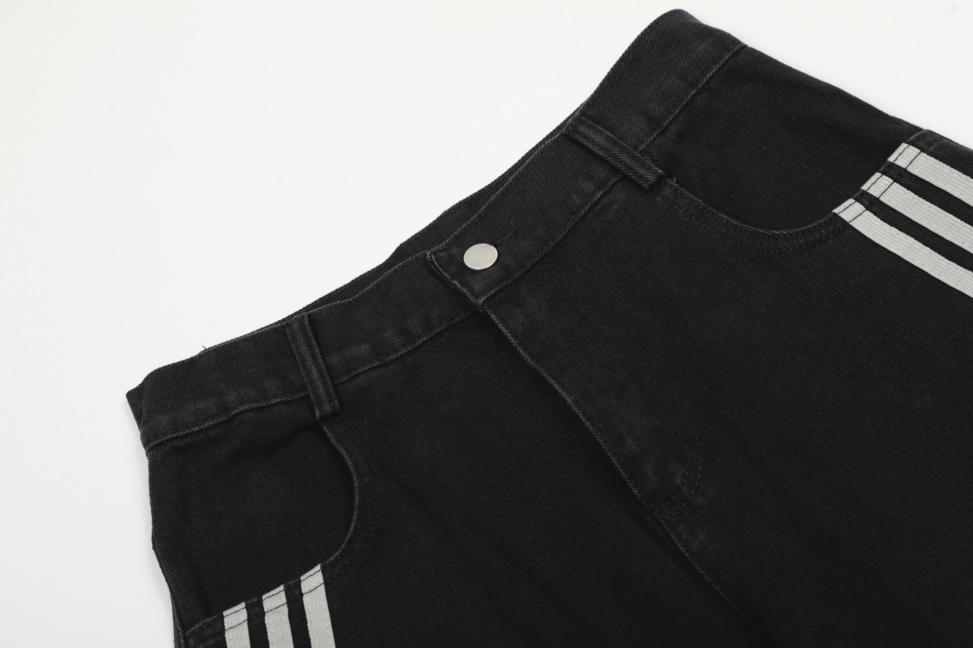 Deconstructed Three-Stripe Curved Wide Leg Denim Jeans