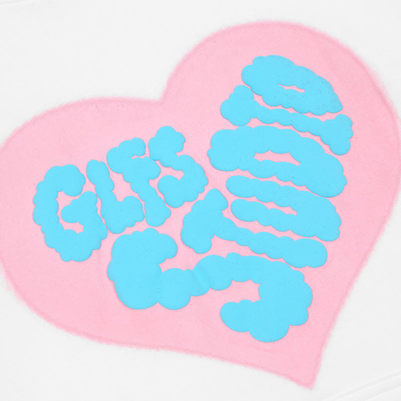 하트 레터 프린트 오버사이즈 풀오버 후드 티셔츠