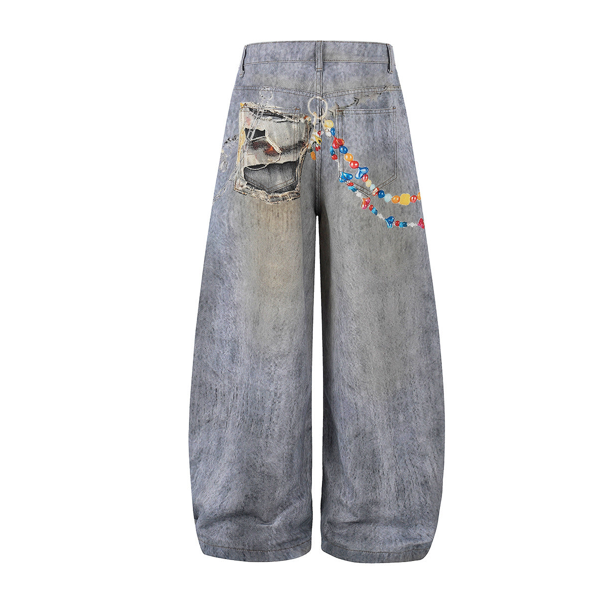 Washed Damage Embroidery Wide Leg Denim Jeans