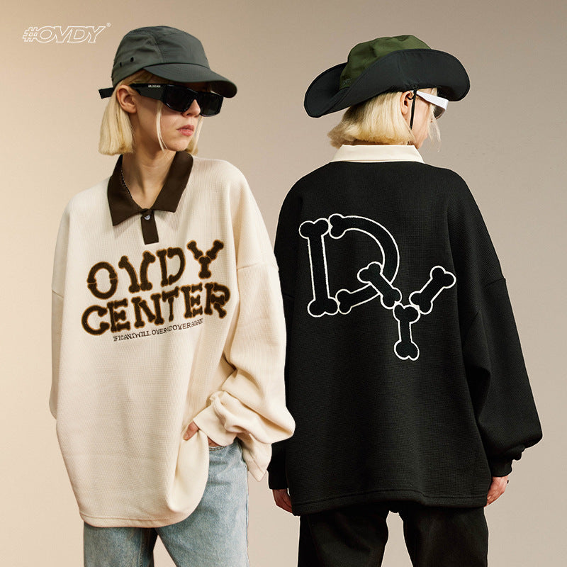 Contrast Waffle Fleece Polo Collar Sweatshirt