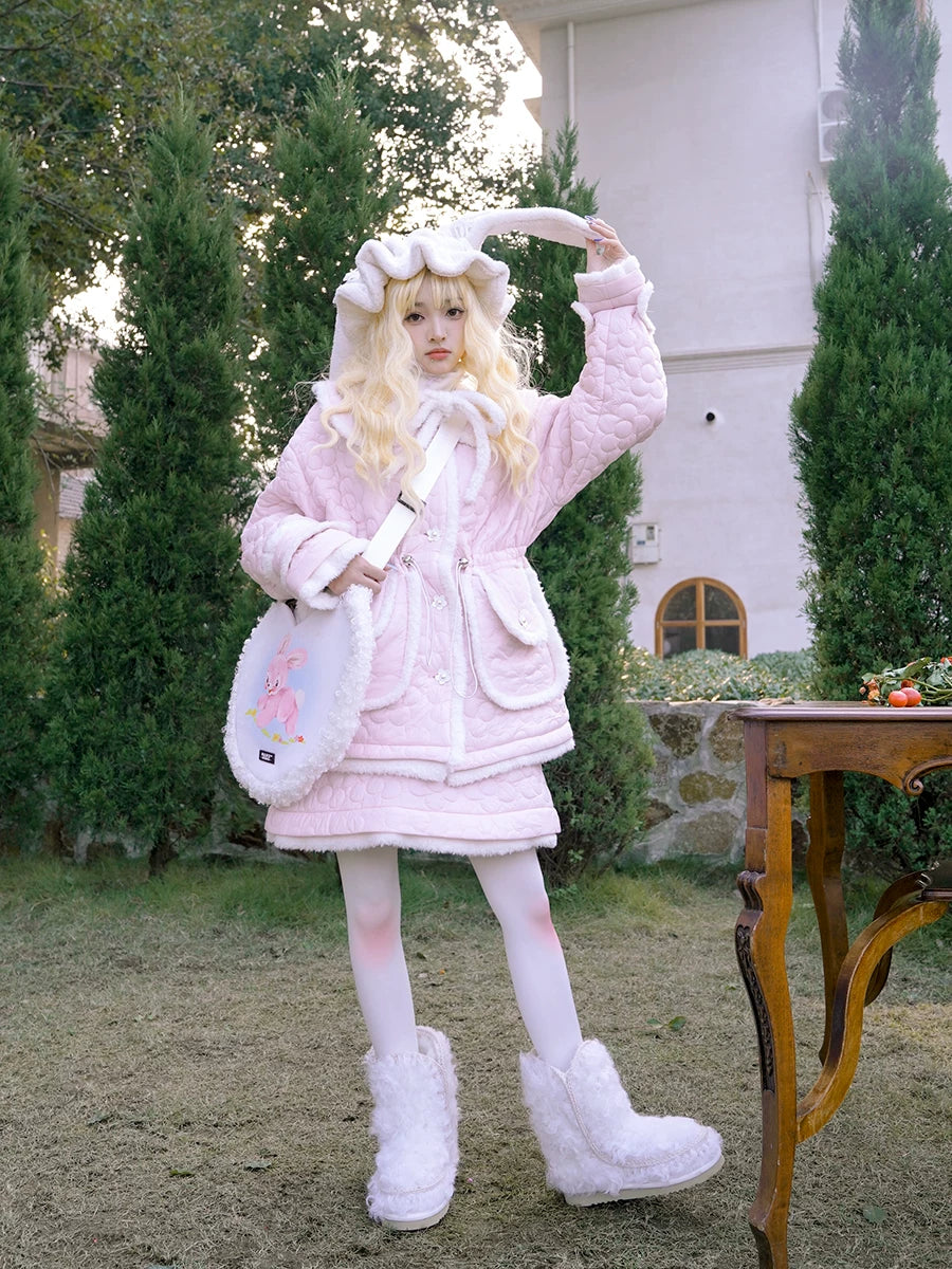 Flower Plush Bow Tie Puffer Jacket
