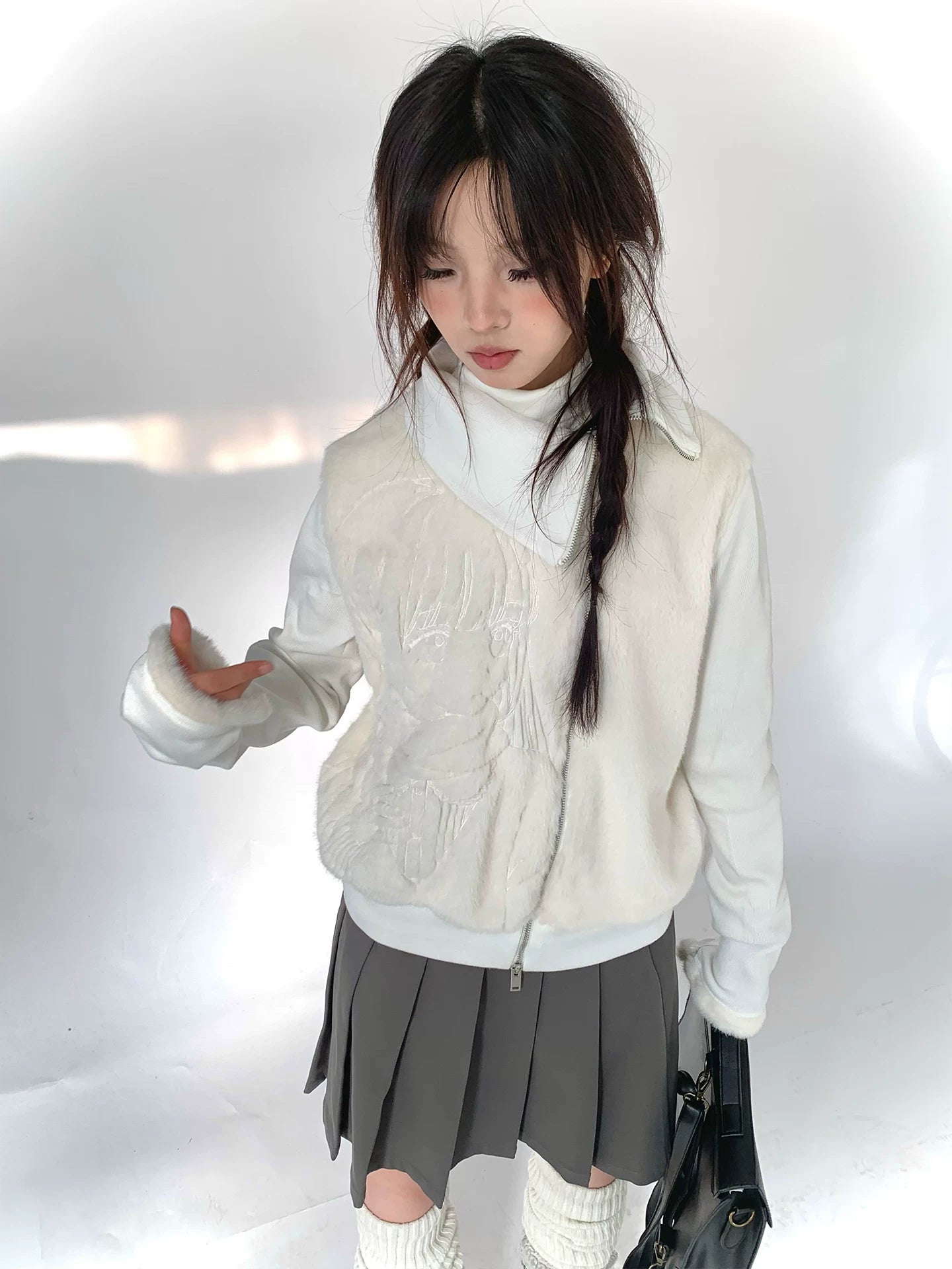 Fleece Embroidery Asymmetrical Zipper Jacket