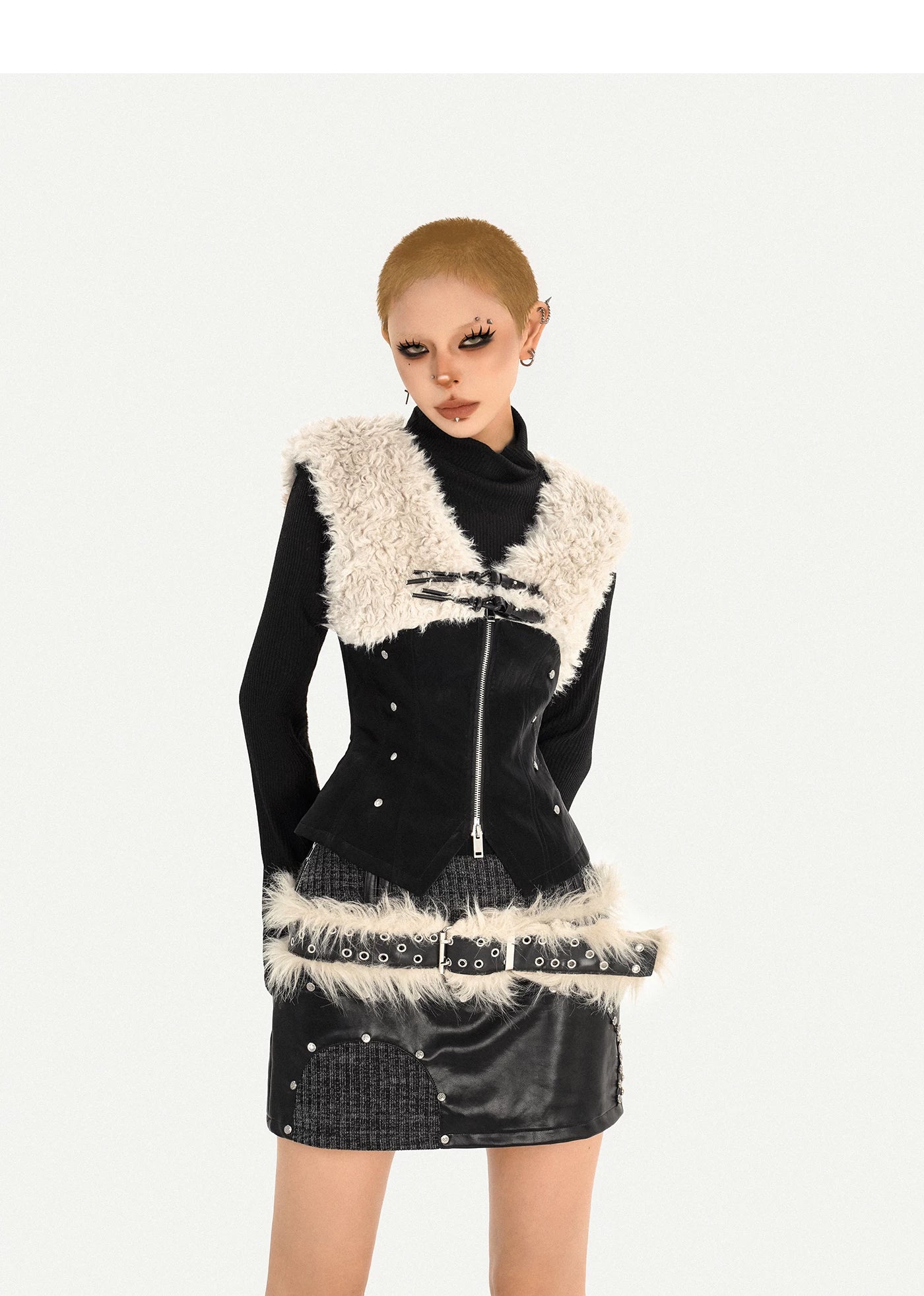Fake Fur Patchwork V-Neck Slim PU Leather Vest & Ribbed High-Neck Knit Sweater